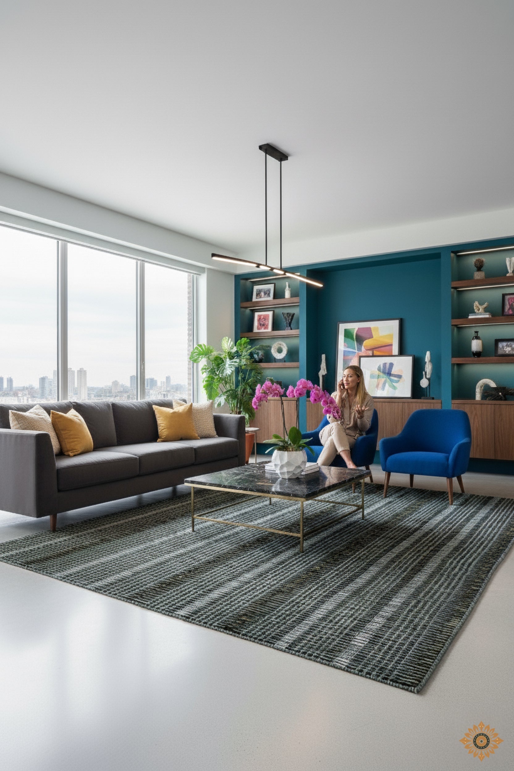 Textured Blue and Black Pattern Hand-Loom Woolen Handmade Rug for bed rooms, offices, and dining spaces. 