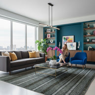 Textured Blue and Black Pattern Hand-Loom Woolen Handmade Rug for bed rooms, offices, and dining spaces. 