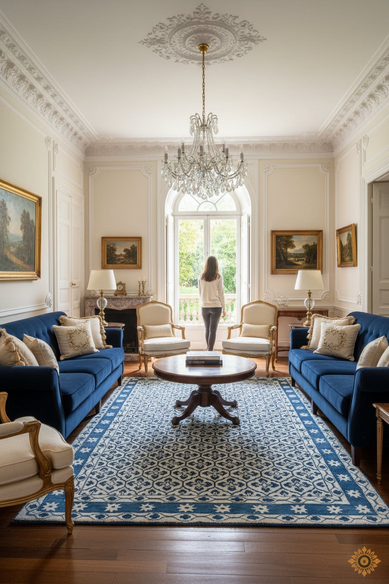 Blue and White Patterned Hand-Tufted Woolen Handmade Rug for bed rooms, offices, and dining spaces. 