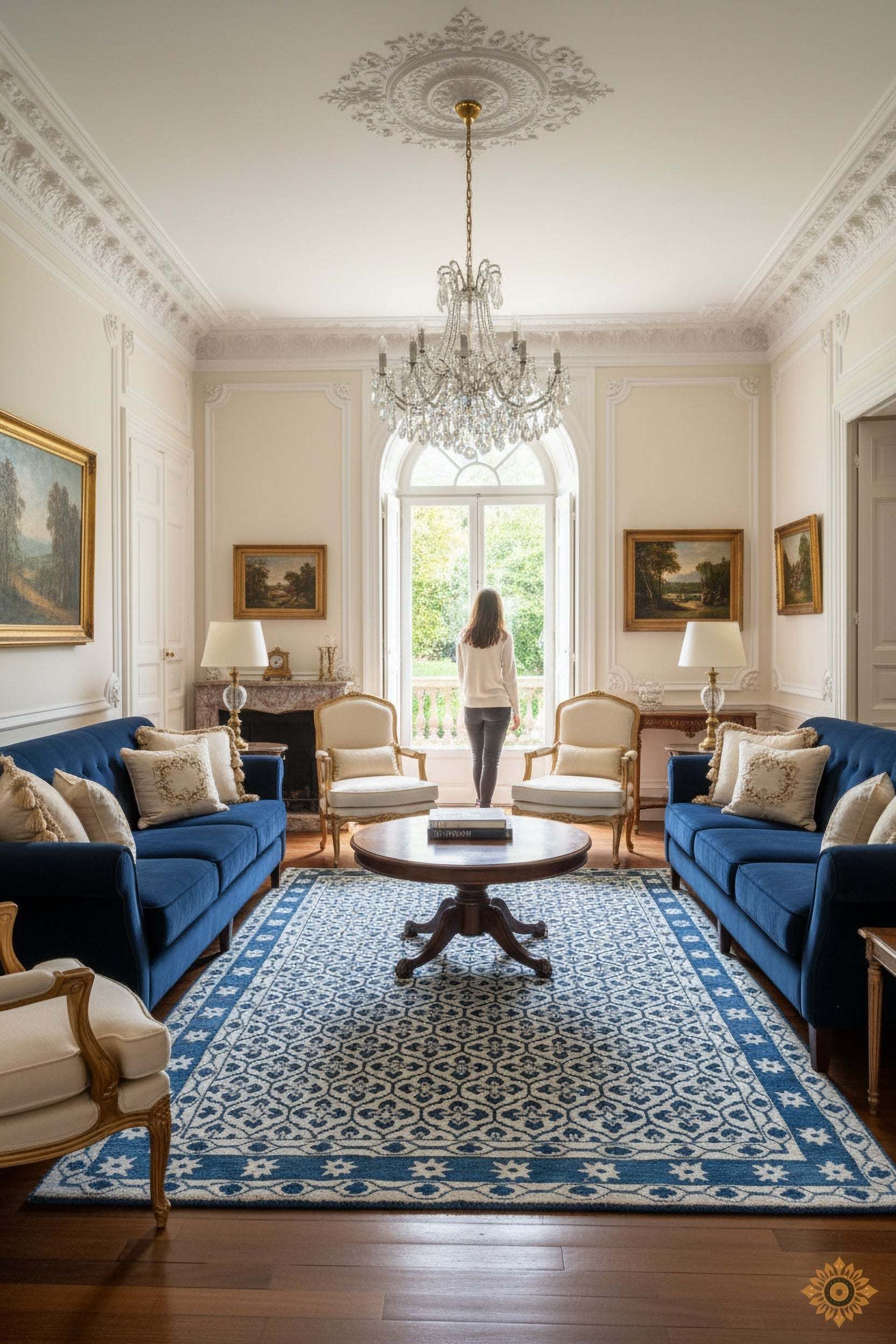 Blue and White Patterned Hand-Tufted Woolen Handmade Rug for bed rooms, offices, and dining spaces. 