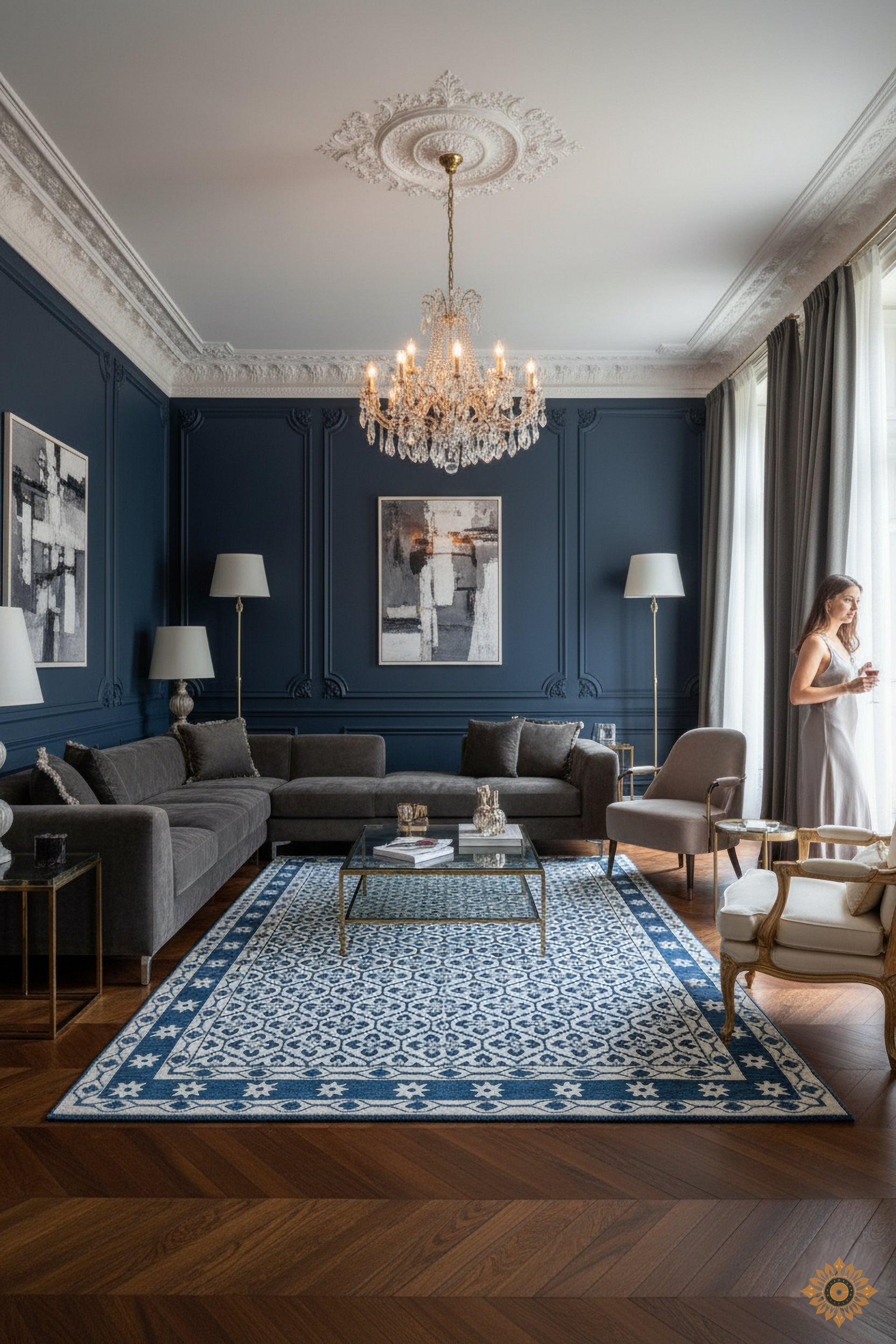Blue and White Patterned Hand-Tufted Woolen Handmade Rug for bed rooms, offices, and dining spaces. 