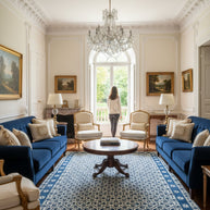 Blue and White Patterned Hand-Tufted Woolen Handmade Rug for bed rooms, offices, and dining spaces. 