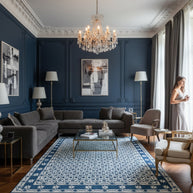 Blue and White Patterned Hand-Tufted Woolen Handmade Rug for bed rooms, offices, and dining spaces. 