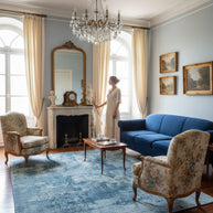 Blue Textured Hand-Loom Printed Viscose Handmade Rug for bed rooms, offices, and dining spaces.