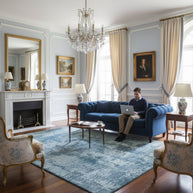 Blue Textured Hand-Loom Printed Viscose Handmade Rug for bed rooms, offices, and dining spaces.