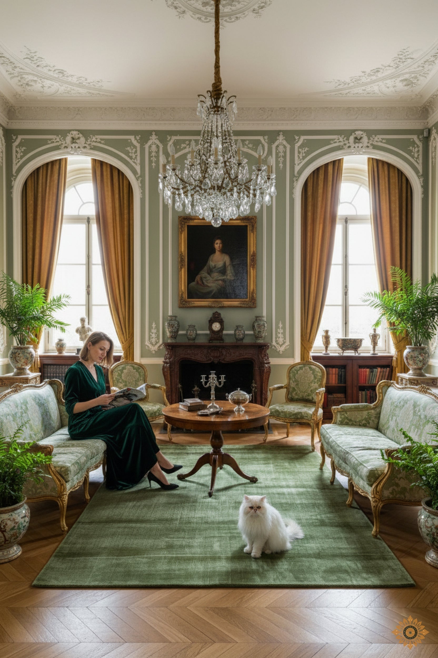 Green Hand-Loom Viscose Handmade Printed Rug for bed rooms, offices, and dining spaces