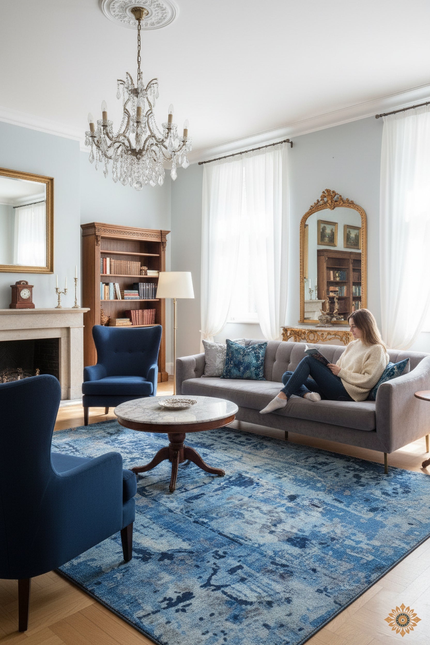 Blue Hand-Loom Printed Viscose Handmade Rug for bed rooms, offices, and dining spaces