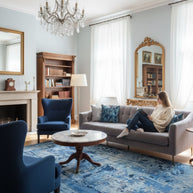 Blue Hand-Loom Printed Viscose Handmade Rug for bed rooms, offices, and dining spaces