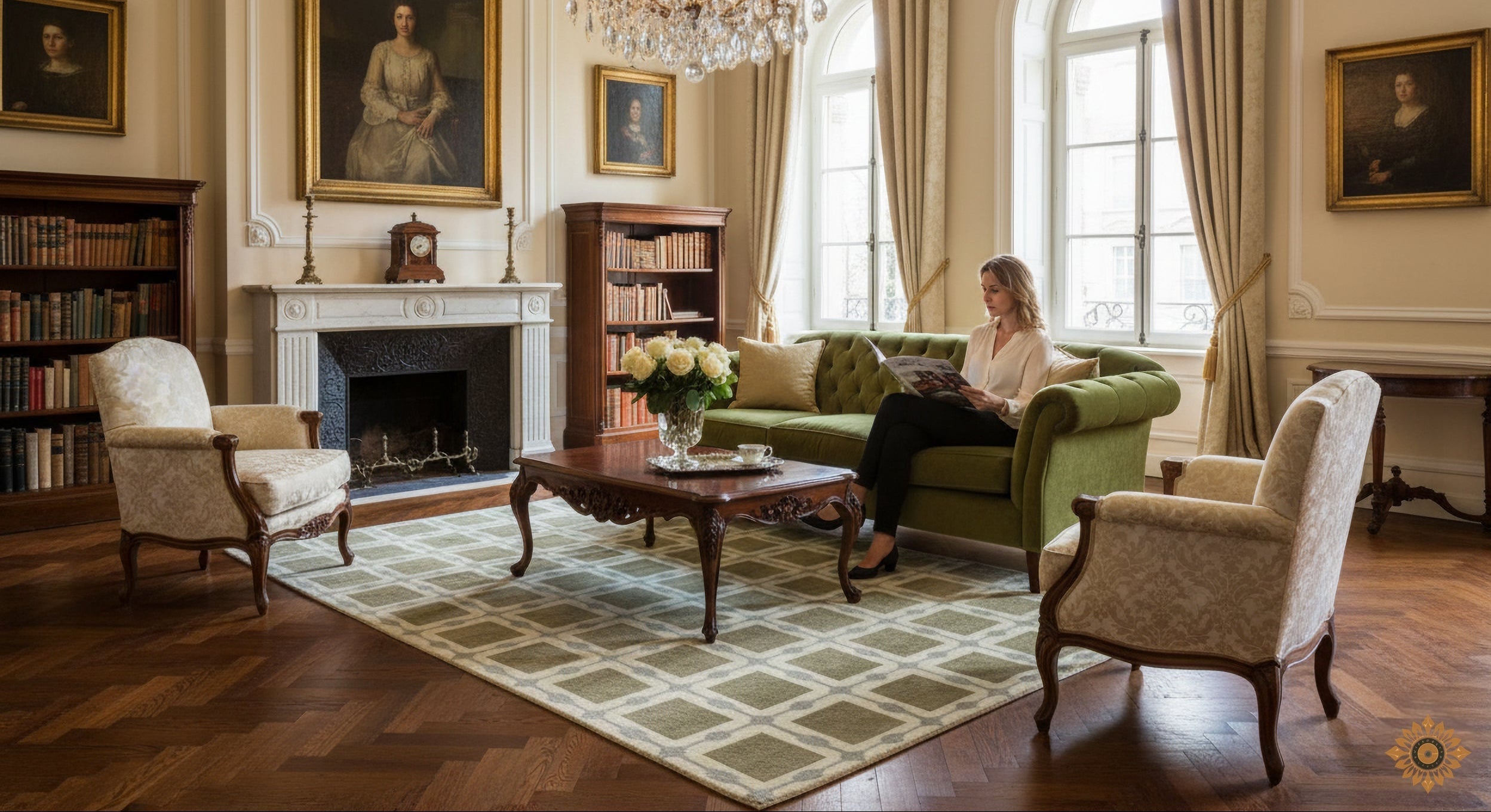 Patterned Rug with Green Beige Squares Hand-Knotted New Zealand Wool Handmade Rug for bed rooms, offices, and dining spaces