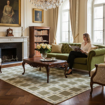 Patterned Rug with Green Beige Squares Hand-Knotted New Zealand Wool Handmade Rug for bed rooms, offices, and dining spaces