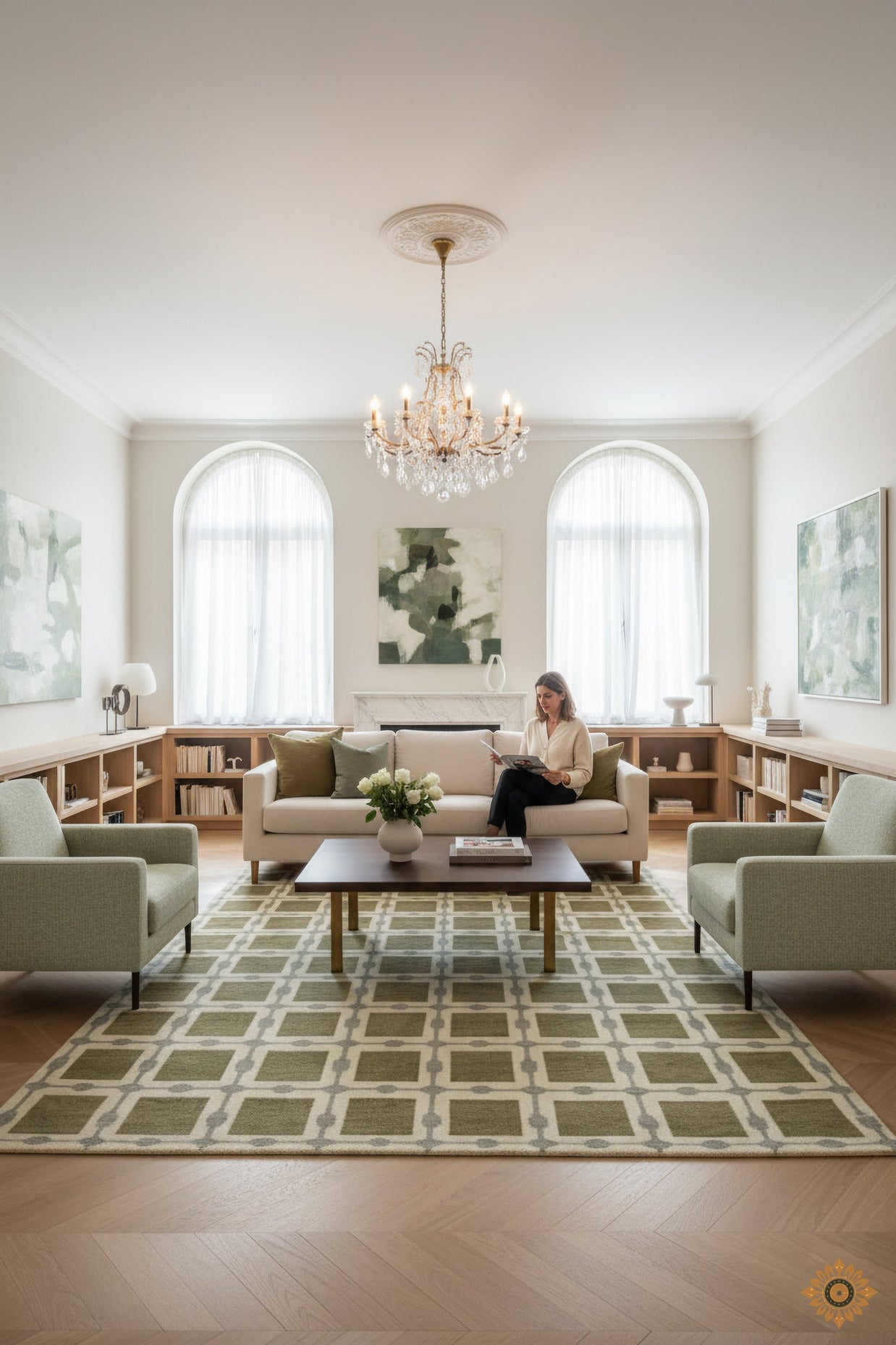 Patterned Rug with Green Beige Squares Hand-Knotted New Zealand Wool Handmade Rug for bed rooms, offices, and dining spaces