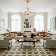 Patterned Rug with Green Beige Squares Hand-Knotted New Zealand Wool Handmade Rug for bed rooms, offices, and dining spaces