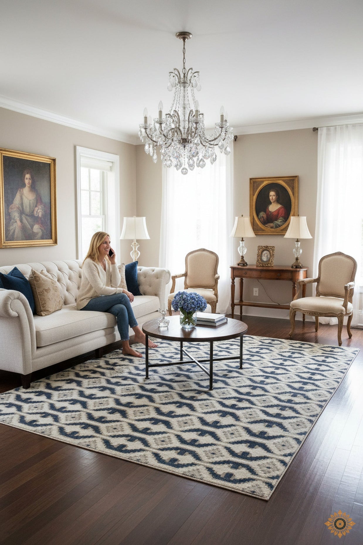 Blue and White Geometrical pattern Hand-Knotted New Zealand Wool Handmade Rug for bed rooms, offices, and dining spaces