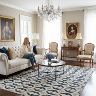 Blue and White Geometrical pattern Hand-Knotted New Zealand Wool Handmade Rug for bed rooms, offices, and dining spaces