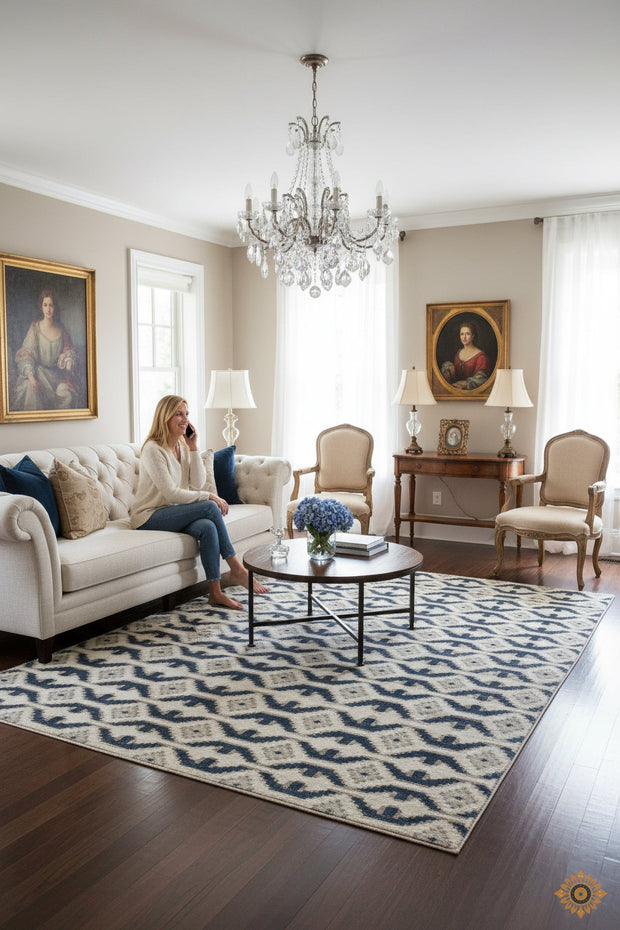Blue and White Geometrical pattern Hand-Knotted New Zealand Wool Handmade Rug for bed rooms, offices, and dining spaces
