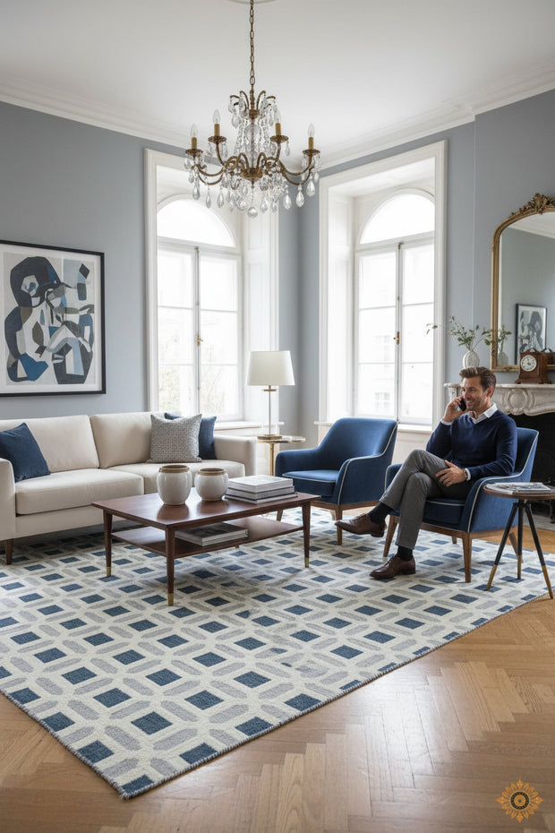 Patterned Rug with Geometrical Design Hand-Knotted New Zealand Wool Handmade Rug for bed rooms, offices, and dining spaces