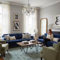 Blue Geometric Patterned Hand-Loom Viscose Handmade Rug for Modern bed rooms, offices, and dining spaces. 