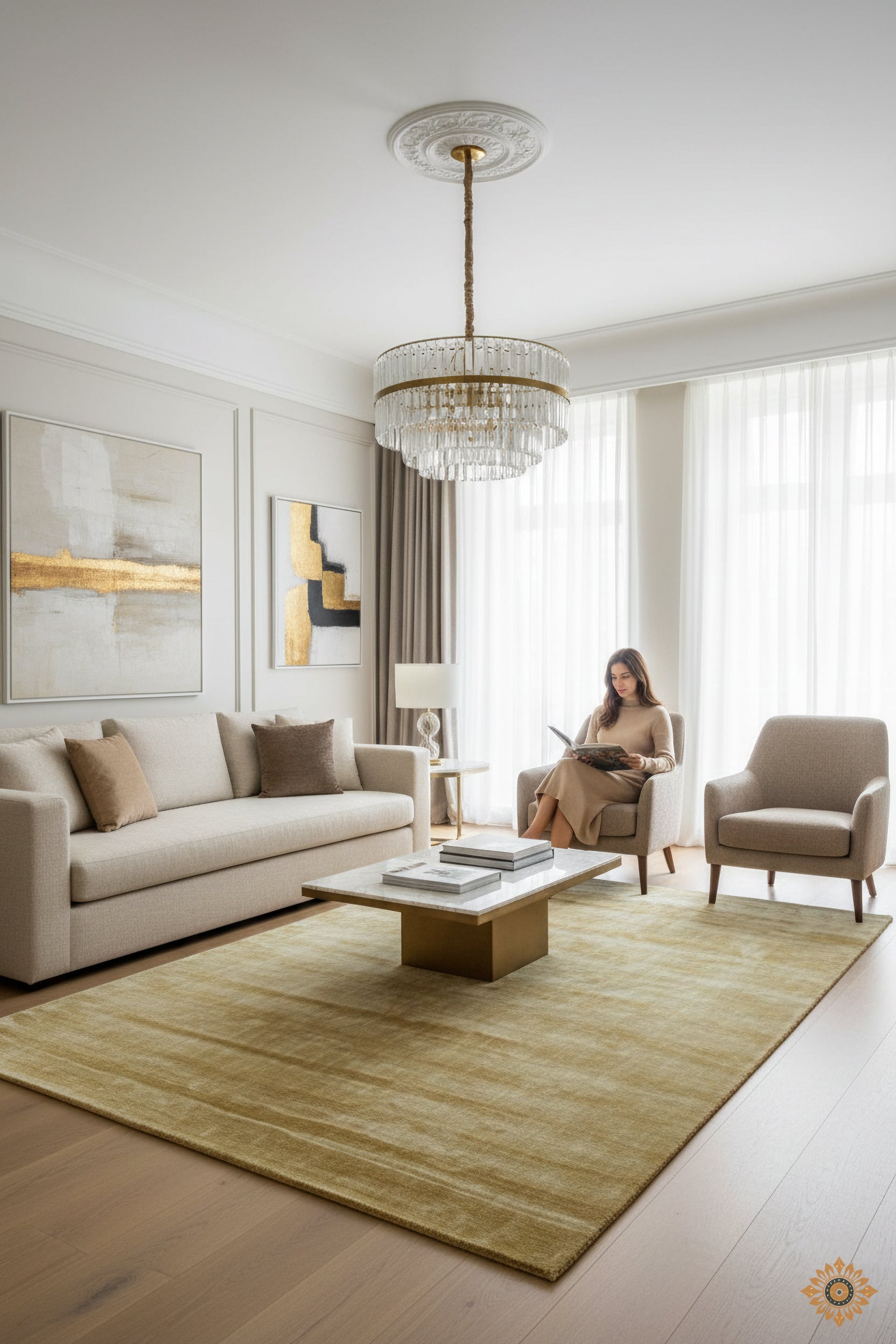 Textured Gold and Beige Hand-Loom Viscose Handmade Rug for Modern bed rooms, offices, and dining spaces.