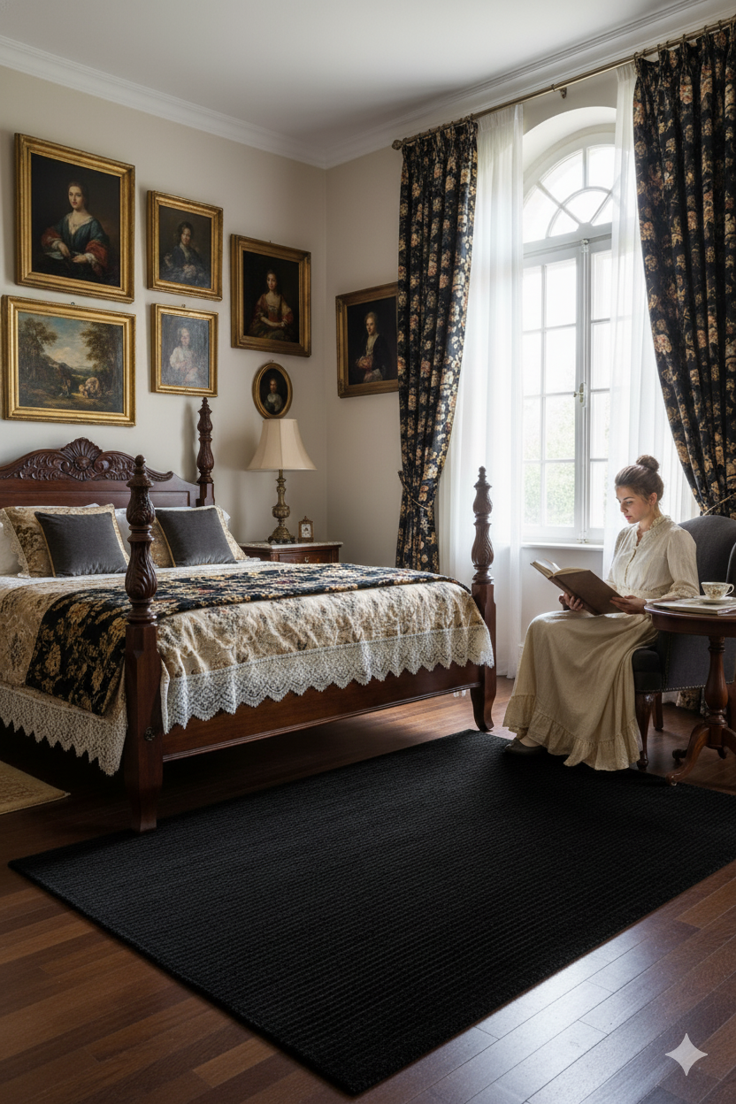 Textured Black Hand-Loom Viscose Handmade Rug for Bed Room