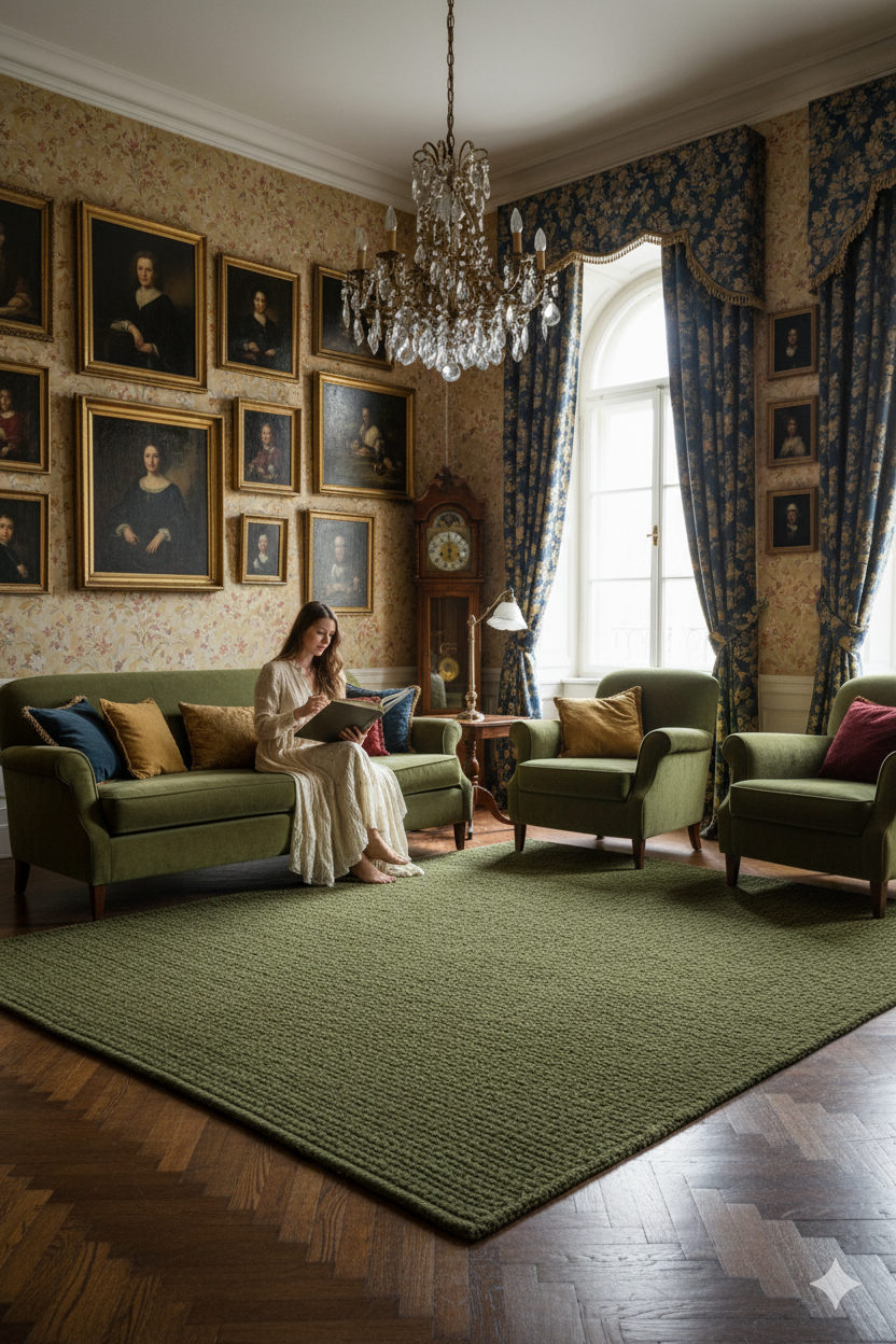 Green Texture Hand-Woven Soumak woolen rug for bed rooms, offices, and dining spaces. 