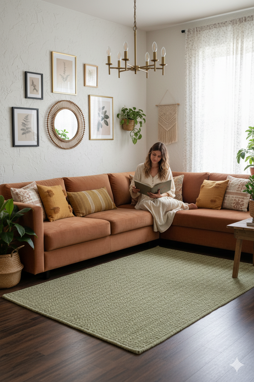 Green Texture Hand-Woven Soumak woolen rug for bed rooms, offices, and dining spaces. 