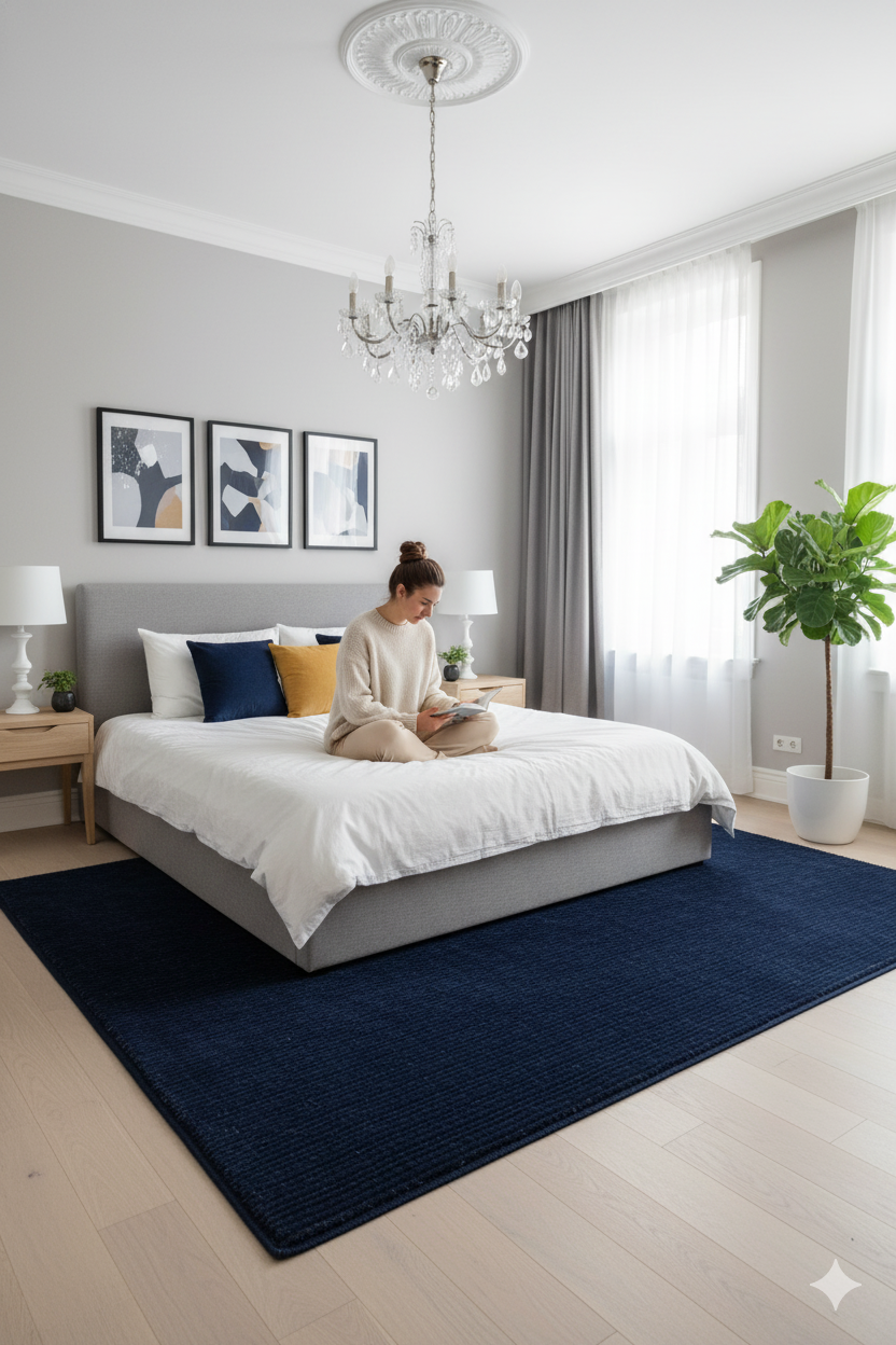 Navy Blue Texture Hand-Woven Soumak woolen rug for bed rooms, offices, and dining spaces. 