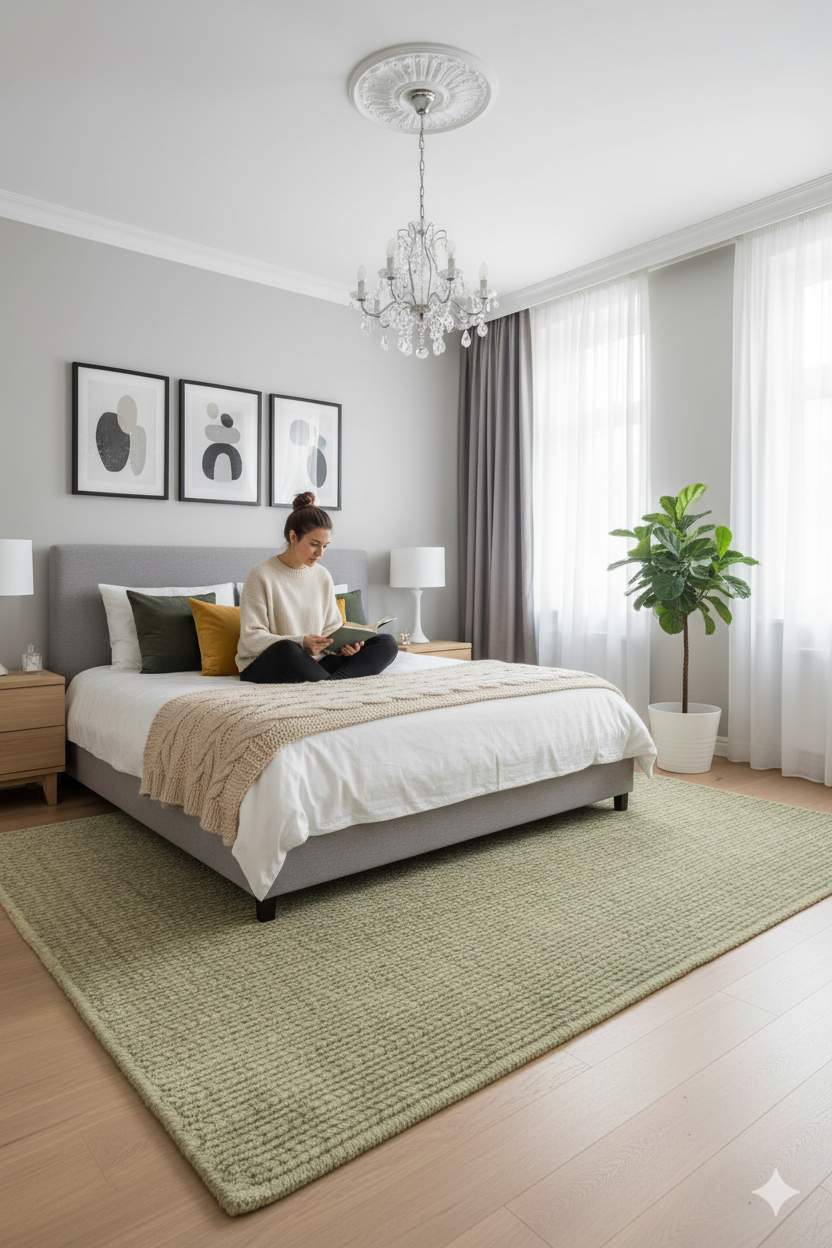 Green Texture Hand-Woven Soumak woolen rug for bed rooms, offices, and dining spaces. 