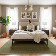 Green Texture Hand-Woven Soumak woolen rug for bed rooms, offices, and dining spaces. 