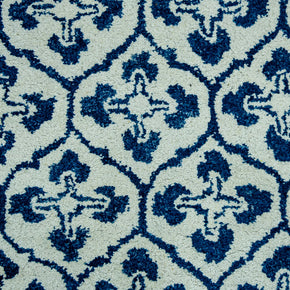 Detail  Shot of Blue and White Patterned Hand-Tufted Woolen Handmade Rug for bed rooms, offices, and dining spaces. 