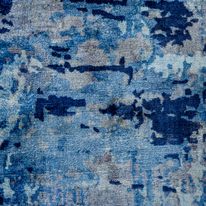 Detail Shot of Blue Hand-Loom Printed Viscose Handmade Rug for bed rooms, offices, and dining spaces