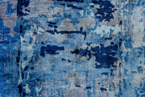 Detail Shot of Blue Hand-Loom Printed Viscose Handmade Rug for bed rooms, offices, and dining spaces