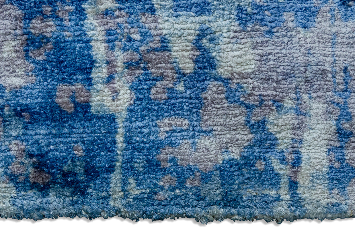 Detail Shot of Blue Hand-Loom Printed Viscose Handmade Rug for bed rooms, offices, and dining spaces