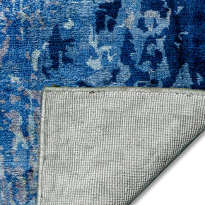 Detail Shot of Blue Hand-Loom Printed Viscose Handmade Rug for bed rooms, offices, and dining spaces