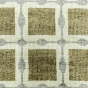 Detail Shot of Patterned Rug with Green Beige Squares Hand-Knotted New Zealand Wool Handmade Rug for bed rooms, offices, and dining spaces