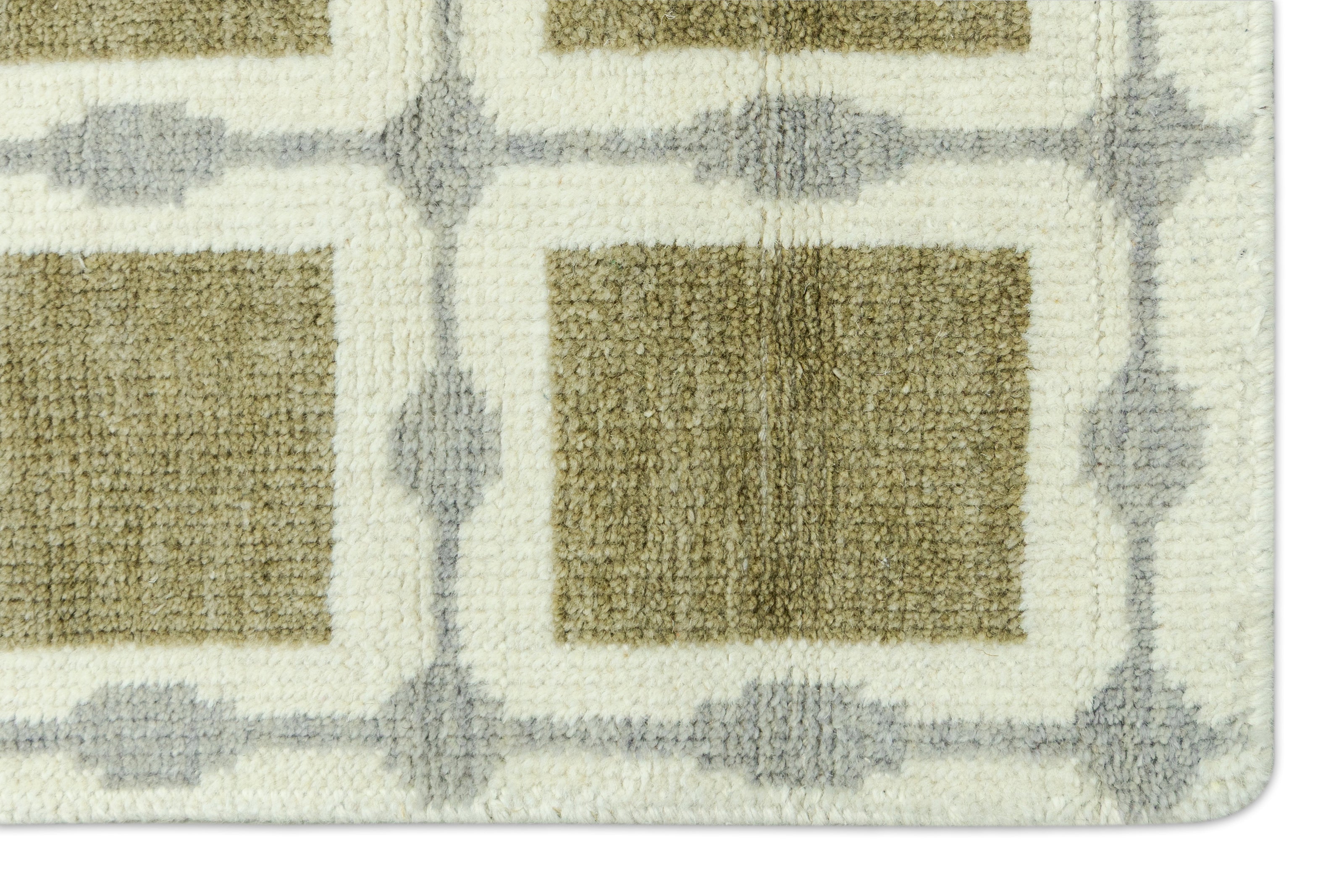 Detail Shot of Patterned Rug with Green Beige Squares Hand-Knotted New Zealand Wool Handmade Rug for bed rooms, offices, and dining spaces