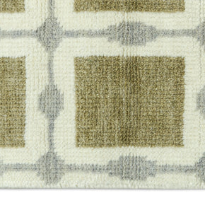 Detail Shot of Patterned Rug with Green Beige Squares Hand-Knotted New Zealand Wool Handmade Rug for bed rooms, offices, and dining spaces