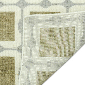 Detail Shot of Patterned Rug with Green Beige Squares Hand-Knotted New Zealand Wool Handmade Rug for bed rooms, offices, and dining spaces