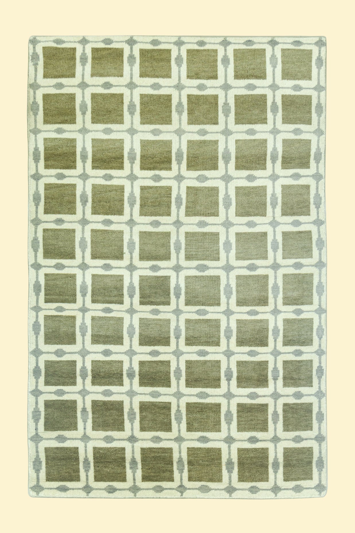 Patterned Rug with Green Beige Squares Hand-Knotted New Zealand Wool Handmade Rug for bed rooms, offices, and dining spaces