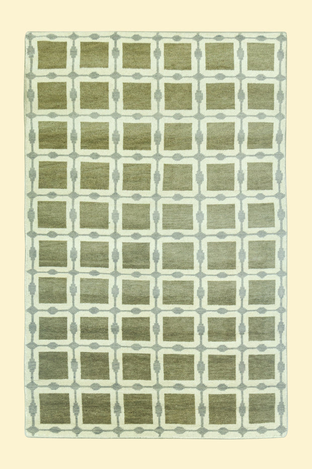 Patterned Rug with Green Beige Squares Hand-Knotted New Zealand Wool Handmade Rug for bed rooms, offices, and dining spaces