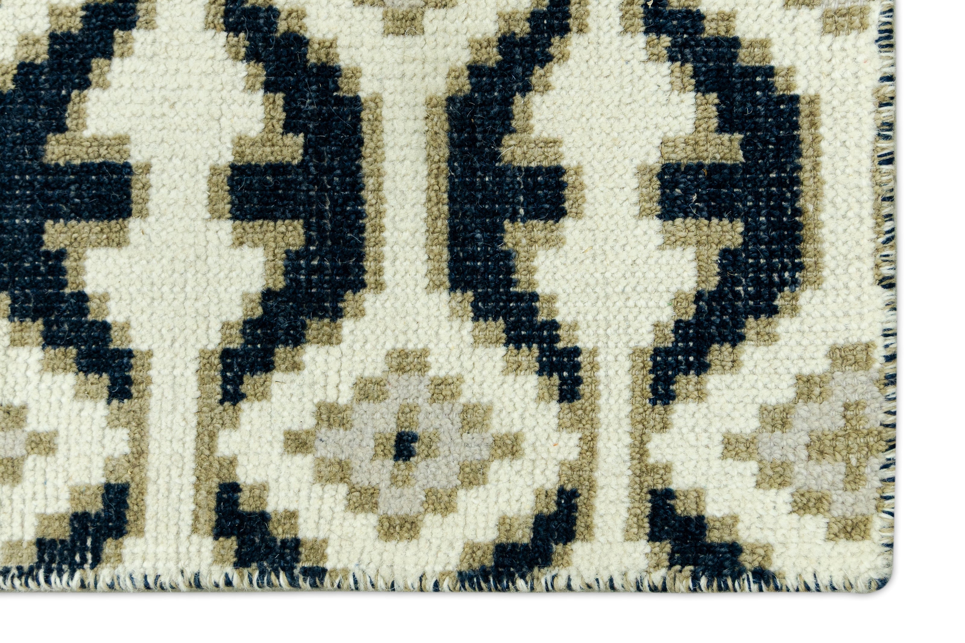 Detail Shot of Blue and White Geometrical pattern Hand-Knotted New Zealand Wool Handmade Rug for bed rooms, offices, and dining spaces