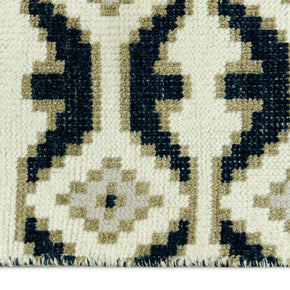 Detail Shot of Blue and White Geometrical pattern Hand-Knotted New Zealand Wool Handmade Rug for bed rooms, offices, and dining spaces