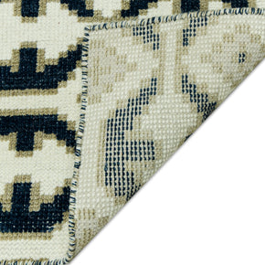 Detail Shot of Blue and White Geometrical pattern Hand-Knotted New Zealand Wool Handmade Rug for bed rooms, offices, and dining spaces