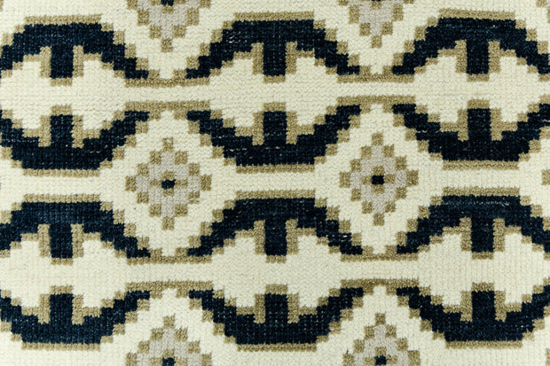 Detail Shot of Blue and White Geometrical pattern Hand-Knotted New Zealand Wool Handmade Rug for bed rooms, offices, and dining spaces