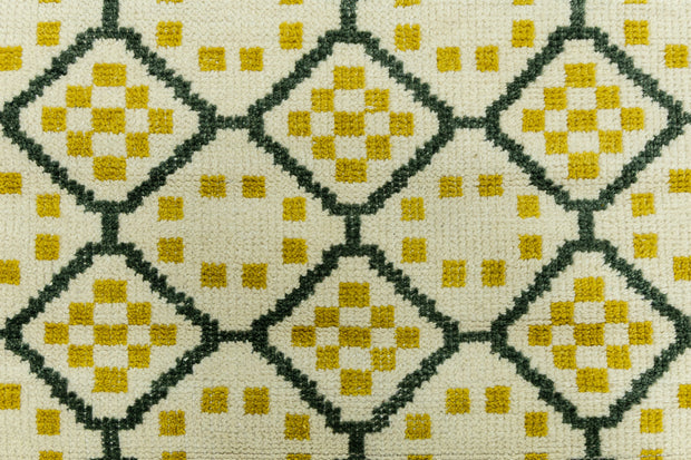 Detail Shot of Geometrical Design with Patterned Hand-Knotted New Zealand Wool Rug for living rooms, offices, and dining spaces. 