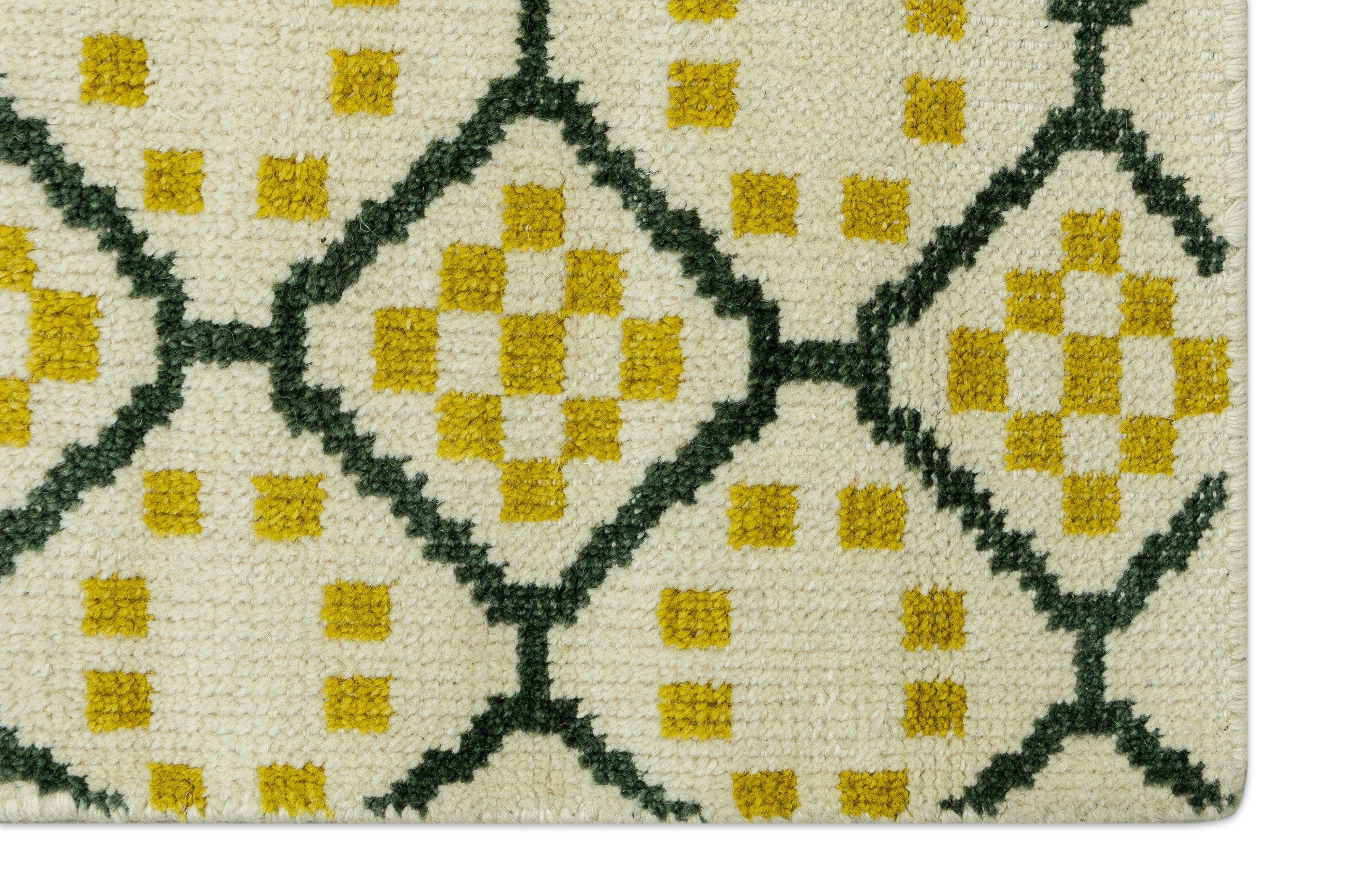 Detail Shot of Geometrical Design with Patterned Hand-Knotted New Zealand Wool Rug for living rooms, offices, and dining spaces. 