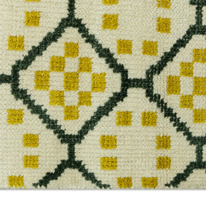 Detail Shot of Geometrical Design with Patterned Hand-Knotted New Zealand Wool Rug for living rooms, offices, and dining spaces. 
