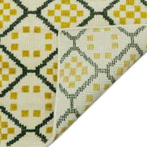 Detail Shot of Geometrical Design with Patterned Hand-Knotted New Zealand Wool Rug for living rooms, offices, and dining spaces. 