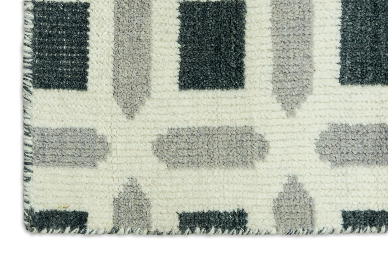 Detail Shot of Patterned Rug with Geometrical Design Hand-Knotted New Zealand Wool Handmade Rug for bed rooms, offices, and dining spaces