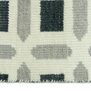 Detail Shot of Patterned Rug with Geometrical Design Hand-Knotted New Zealand Wool Handmade Rug for bed rooms, offices, and dining spaces