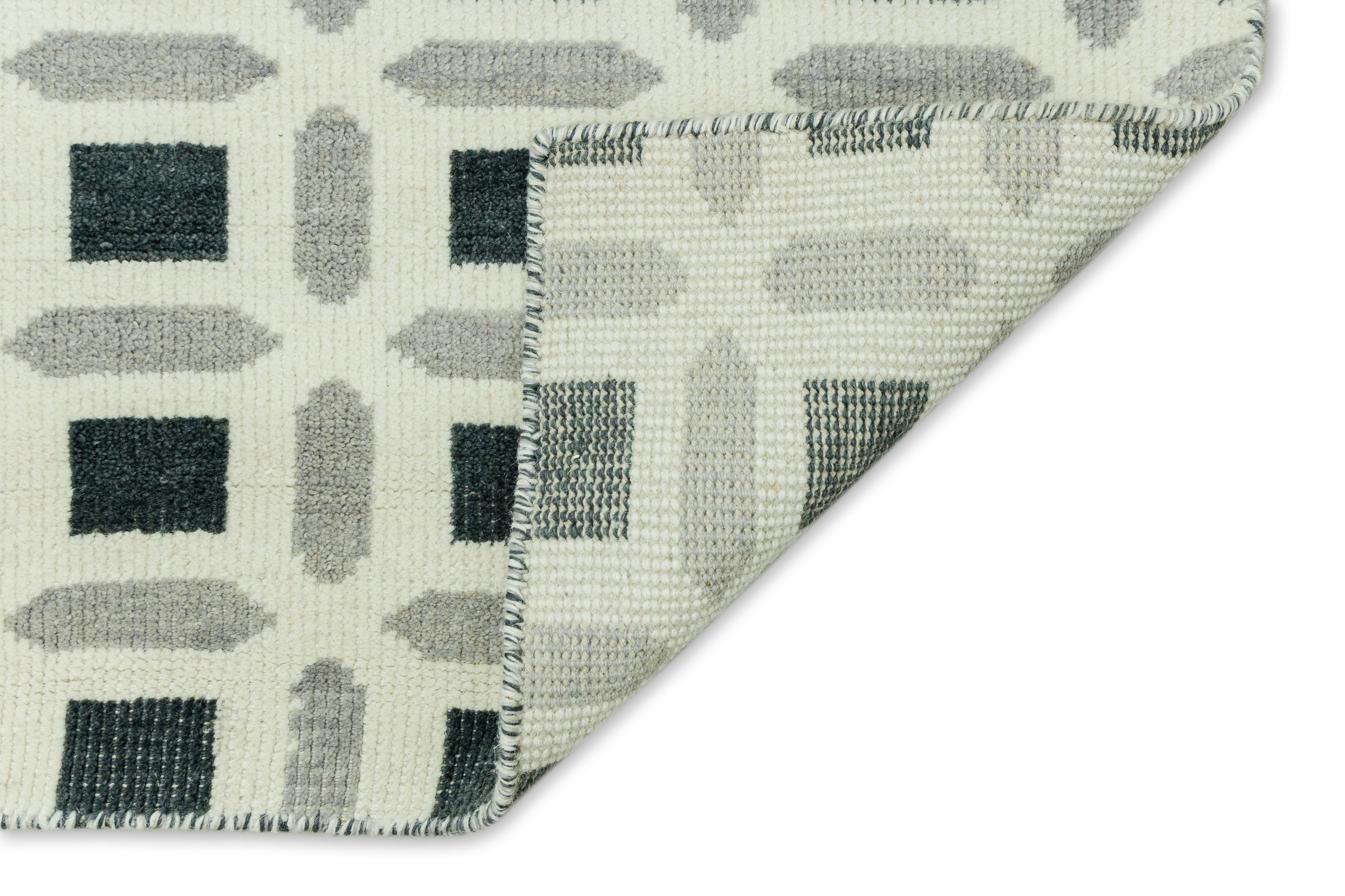 Detail Shot of Patterned Rug with Geometrical Design Hand-Knotted New Zealand Wool Handmade Rug for bed rooms, offices, and dining spaces